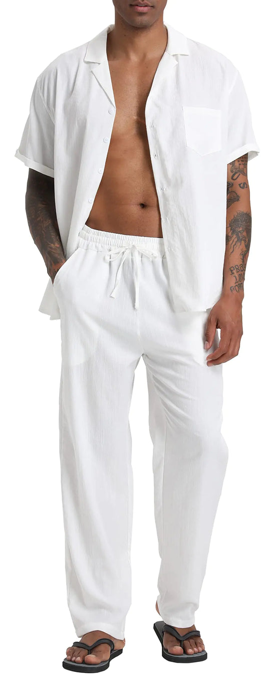 SIENDIU Mens Beach Clothes 2 Piece Outfits Sets Casual Short Sleeve Button Down Shirt Yoga Pants Vacation Suit Summer linen