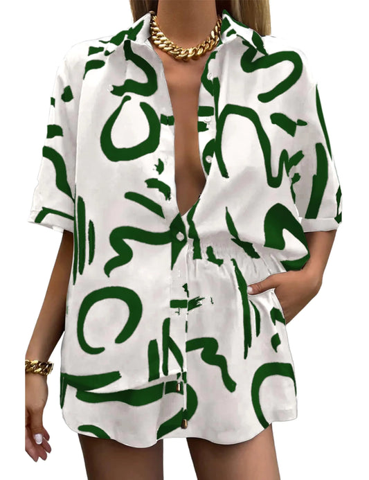 LTSCNRM Womens 2 Piece Outfit Sets Summer Beach Casual Printed Shirts and Shorts Lounge Sets(Green-XL01)