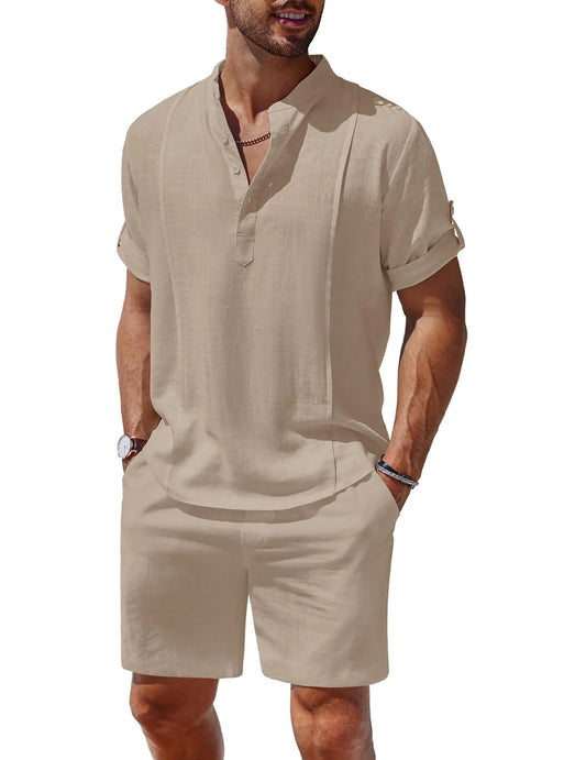 COOFANDY Mens Short Sets 2 Pieces Linen Outfits Casual Henley Shirts and Pants Set With Pocket Summer Vacation Beach Linen Sets