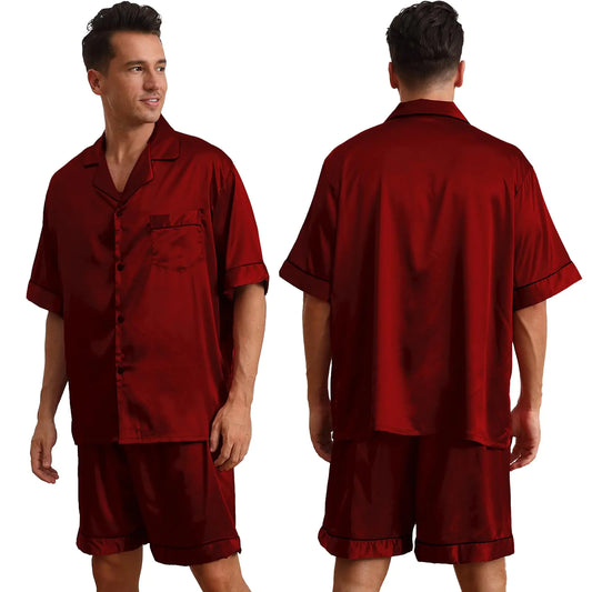 LANMAIGUO Wine Red Mens Silk Satin Pajama SetsButton-Down LoungewearV-Neck Mens Pj Sets with Pocket Two-Piece M