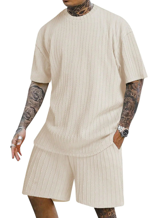 RoseSeek Mens 2 Piece Outfits Textured Drop Shoulder Short Sleeve Tee Tops and Short Sets Summer Outfits Apricot Medium