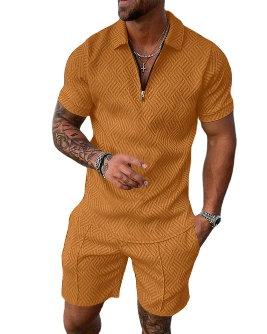 Aulemen Mens 2 Piece Zip Tracksuit Short Sleeve Print Polo Shirt and Shorts Sets Summer Outfits for Men Deep Yellow M